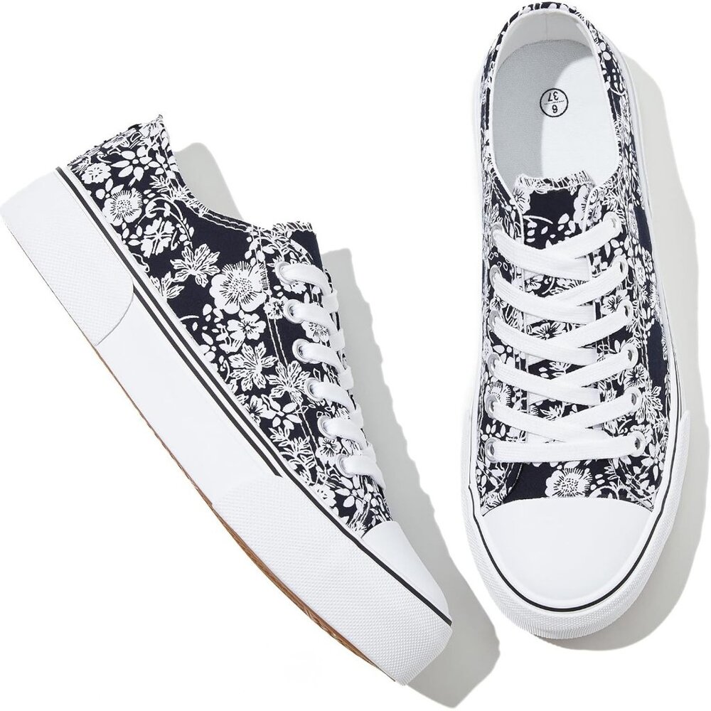 Adokoo Ankle boots Women Navy Flower Canvas Tennis for Lace Up Comfortable Walk